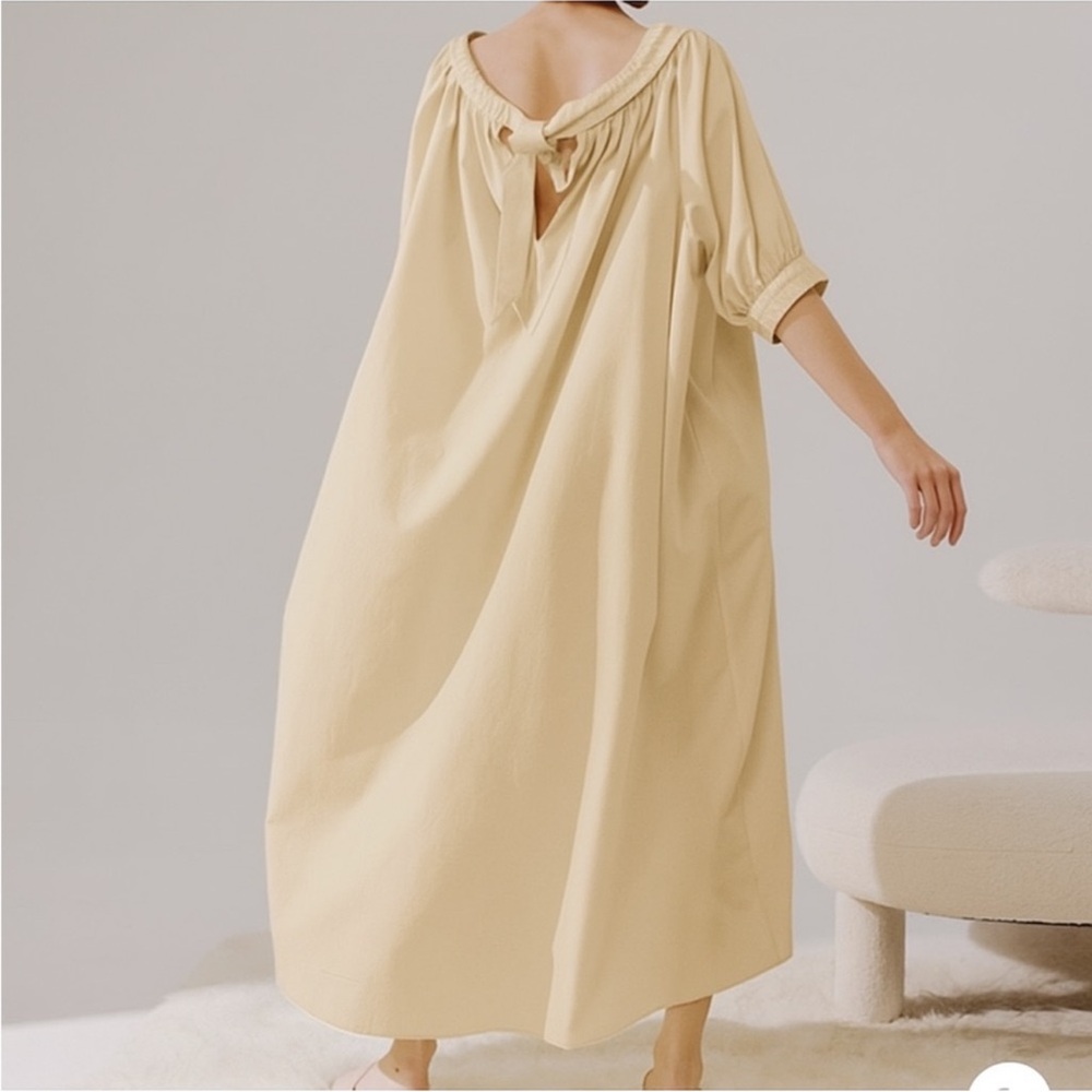 NAP Cream Tie Back Short Puff Sleeves‎ Poplin Oversized Maxi Dress Size Small